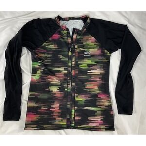Axesea Womens Sz 14 UPF 50+ Zip Front Rash Guard Swim Top Black Long Sleeve 392